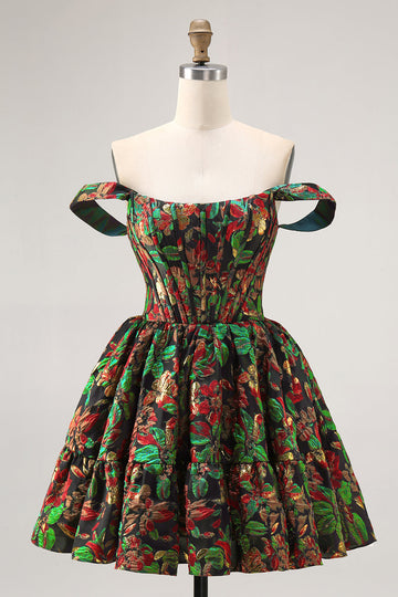 Dark Green Brocade Floral A Line Off The Shoulder Printed Cocktail Dress